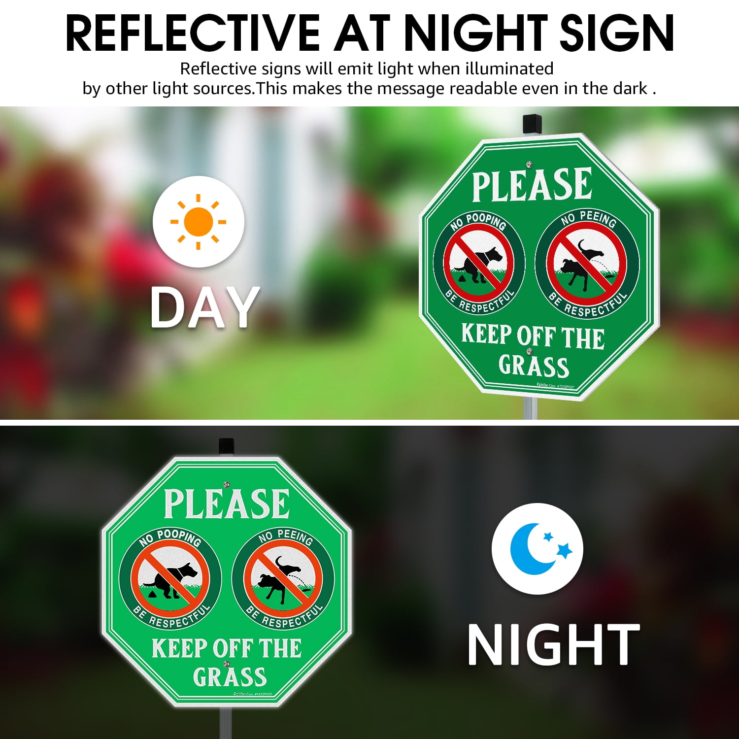 Faittoo No Peeing No Pooping Dog Sign with 36" Stake for yard 4-Pack 12"x12"Reflective Aluminum Keep off The Grass Sign
