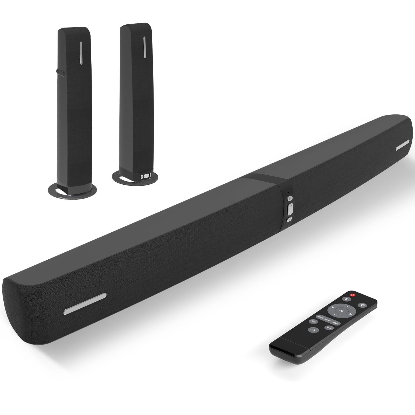 Assistrust Sound Bar for Smart TV,90W Soundbar with Bluetooth/ARC/Optical/AUX Connect, Auto Volume Boost, 3 Customizable Equalizer Modes, 2 in 1 Detachabl