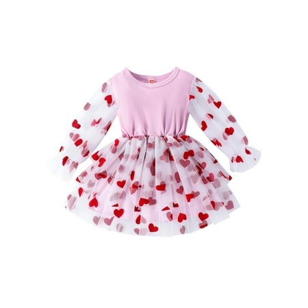 

Qtinghua Toddler Baby Girls Valentine’s Day Long Sleeve Dress Casual Heart Print Mesh Tulle A-Line Dress Spring Clothes Pink 3-4 Years