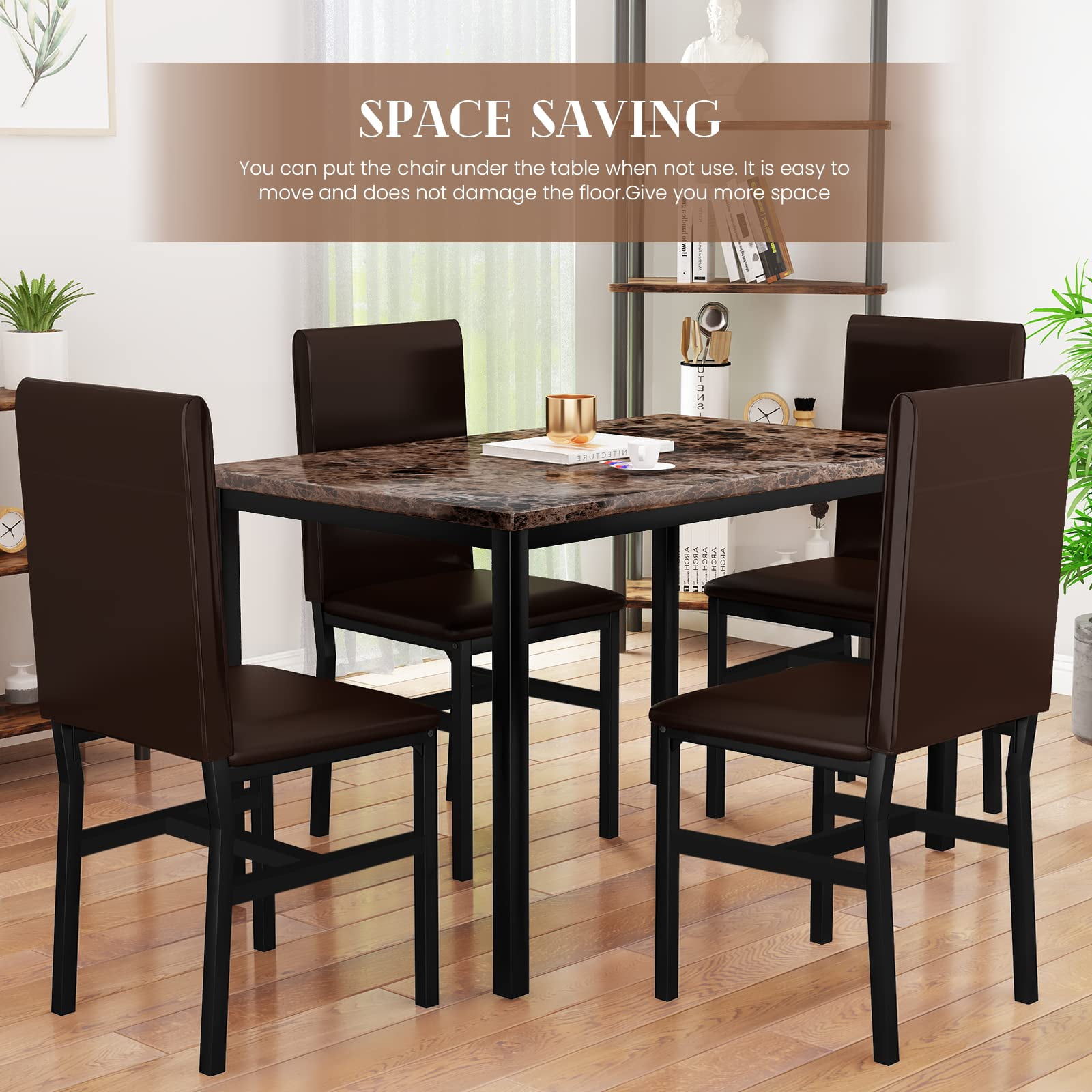 AWQM Modern 5-Piece Dining Table Set, Artificial Marble Dining Table With 4 Chairs in PU leather for Kitchen and Living room, Small Kitchen Table, Kitchen Table Set, Brown