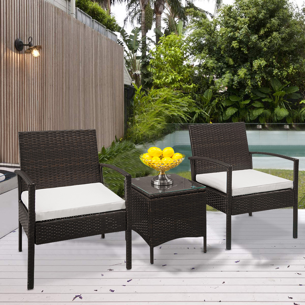 3 Pieces Outdoor Patio Furniture Sets for 2, Rattan Chair Wicker Set with Two Single Sofa, Removable Cushions, Tempered Glass Table, Q8914 - image 3 of 12
