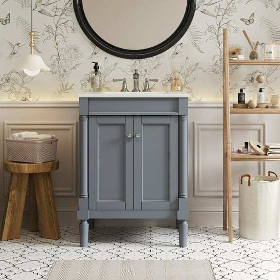 FFZ 24'' Bathroom Vanity with Top Sink, 2-Tier Modern Bathroom Storage Cabinet, Single Sink Bathroom Vanity, Large Storage Shelves