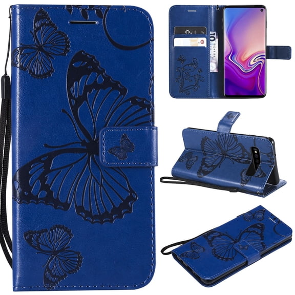 S10 Case, Samsung Galaxy S10 Case - Allytech Premium Wallet PU Leather with Fashion Embossed Floral Butterfly Magnetic Clasp Card Holders Flip Cover with Hand Strap, Blue