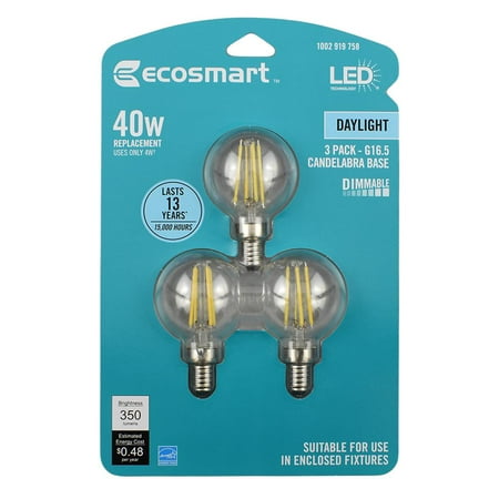 

EcoSmart 40-Watt Equivalent G16.5 Globe Dimmable Energy Star Clear Glass Filament Vintage LED Light Bulb Daylight (3-Pack)