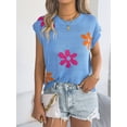 thumbnail image 6 of Women'S Cap Sleeve Floral Short Sleeve Sweater Crew Neck Casual Knit Pullover Tops Blue M, 6 of 10