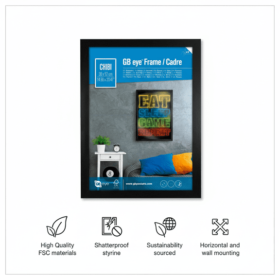 GB eye 20.5x15 Frame, FSC Black Wood Poster Frame, scratch proof glazing, Horizontal and Vertical Wall Mounting Display