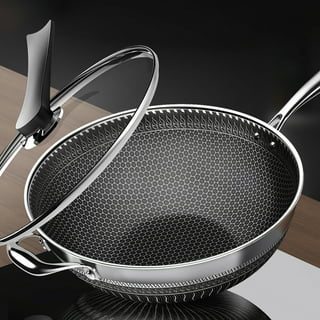 CATHYLIN 12.5 Stainless Steel Honeycomb Non Stick Wok Pan Stir-fry Wok  with Lid,Skillet with Stay-cool Handle PFOA Free Suitable for Induction