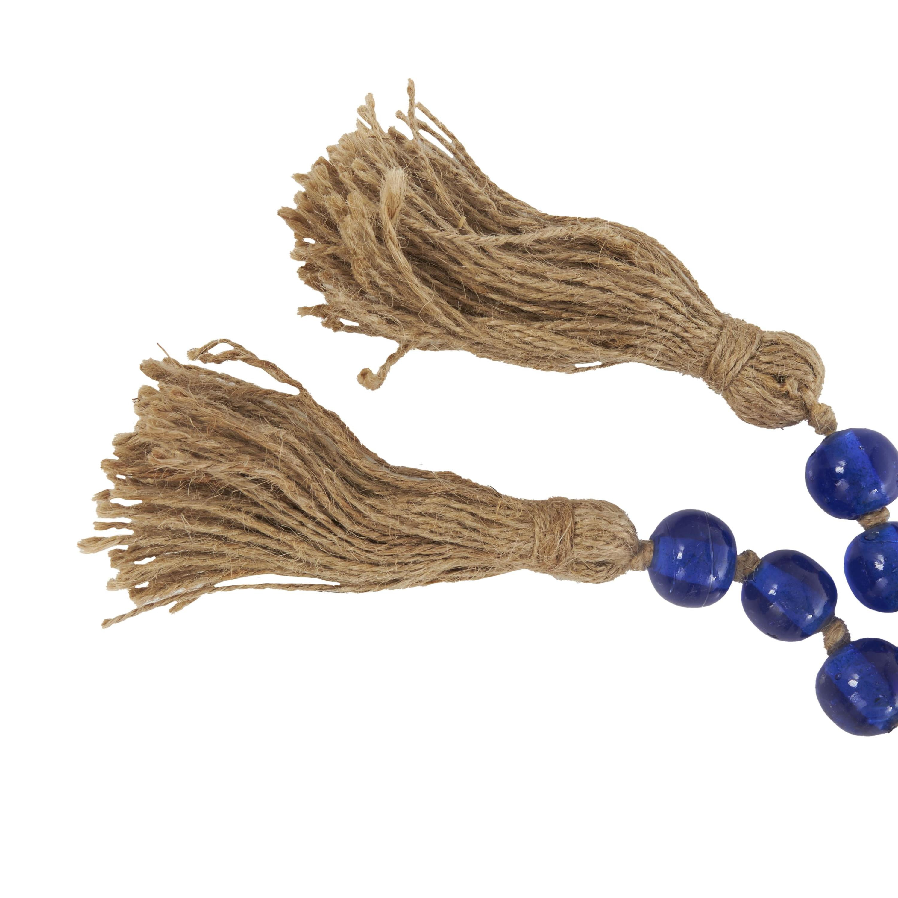 DecMode Handmade Round Long Blue Glass Garland with Tassel with Knotted Brown Jute