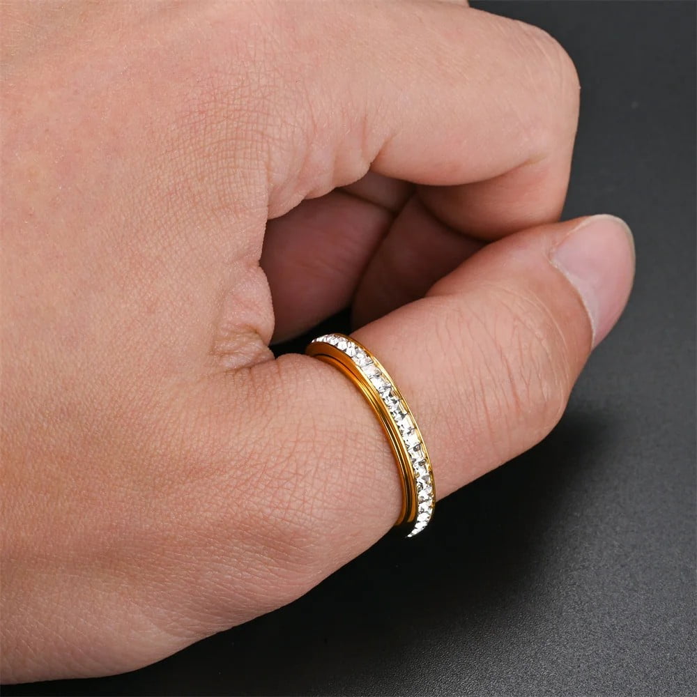 Iced Out Bling CZ Cubic Zirconia Rings 14K Yellow Gold Anxiety Fidget Spinner Rings for Women Men Anti Stress Jewelry