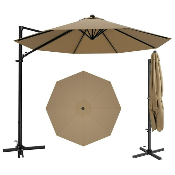 10ft Cantilever Patio Umbrella, Round Large Outdoor Umbrella with 360-Degree Rotation, Hanging Offset Sun Umbrella, Easy Tilt and Heavy-Duty Frame, for Patio Backyard Garden, Brown