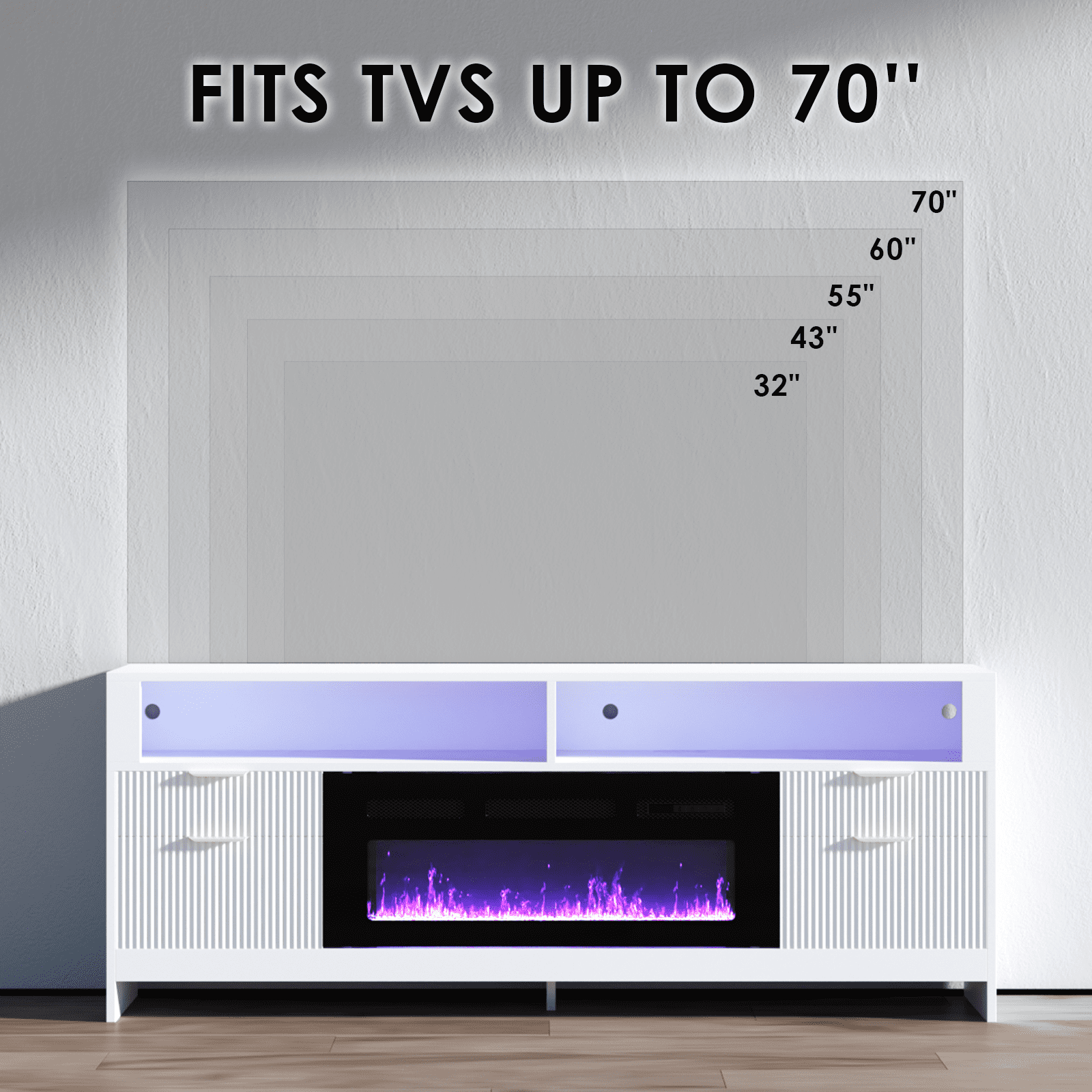 Fireplace TV Stand with 36" Electric Fireplace,LED Light Entertainment Center with Highlight Storage Cabinets Up to 80" TVs, Modern Fluted TV Stand for Living Room,Bedroom (Black)