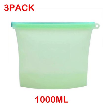 Reusable Silicone Food Storage Bags - Airtight Food Preservation Container for Vegetables, Meat, Fruit & More (Green, 1000 mL) (3 Pack)