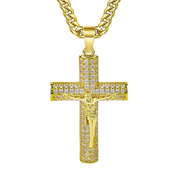 Leander Large Zircon Cross Gold-Plated Cuban Chain Necklace with Pendant, Hip-Hop Fashion Jewelry
