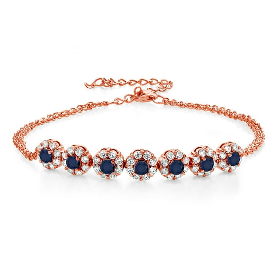 Gem Stone King 18K Rose Gold Plated Silver Blue Sapphire Tennis Bracelet for Women (2.59 Cttw, Gemstone September Birthstone, 7 inch with 2 inch Extender)