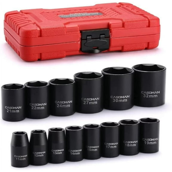 CASOMAN Pro 14 Pieces 1/2-Inch Drive Shallow Impact Socket Set, Metric, 6-Point, 11mm to 32mm