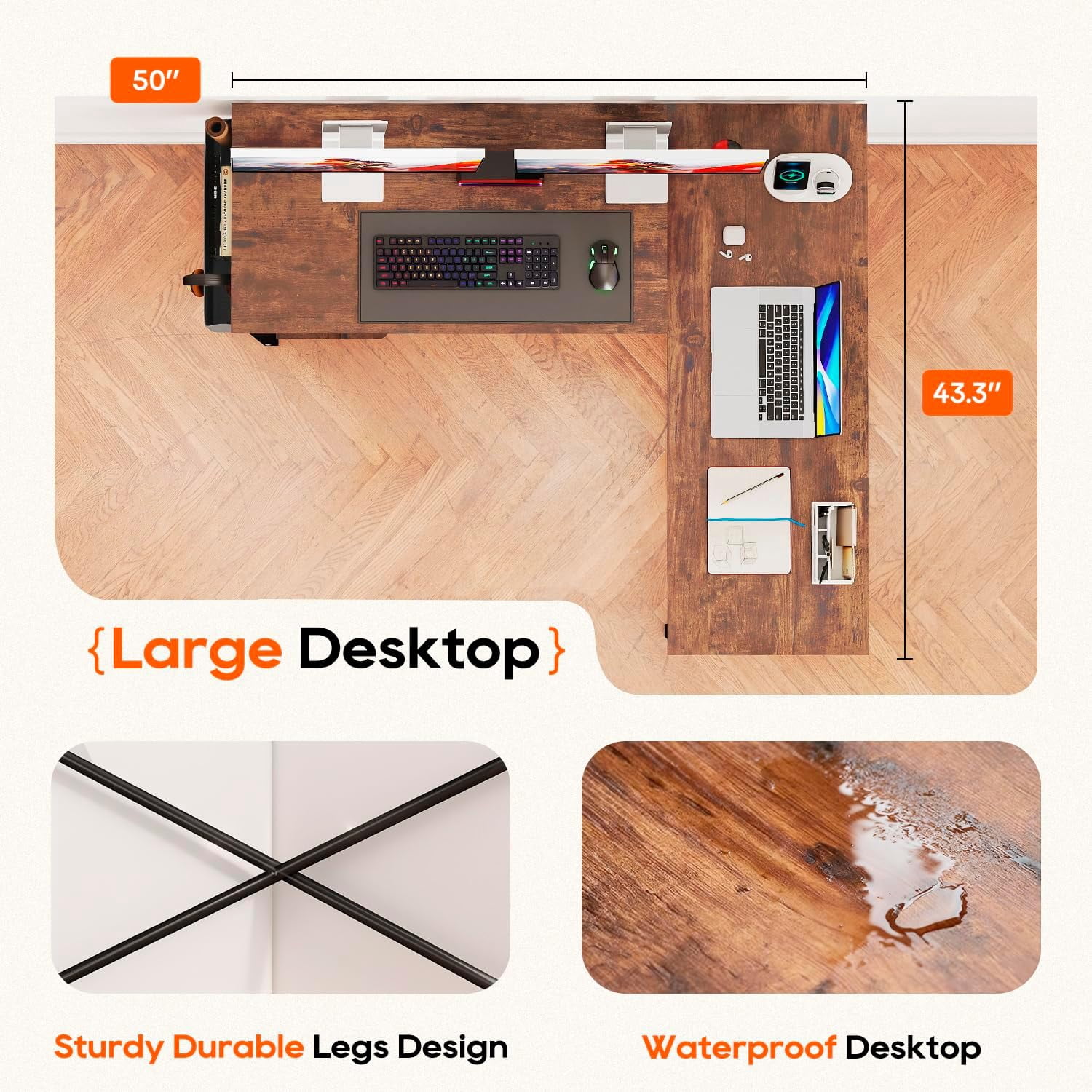Dkelincs 50 inch L Shaped Home Office Desk with Side Storage Bag & CPU Stand, Corner Computer Desk for Study Writing & Gaming, Brown