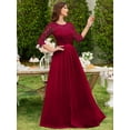 thumbnail image 6 of Elegant Red Floral Lace Chiffon Maxi Dress With 3/4 Sleeves And Pleated Hem, Formal Gown For Wedding Guest Or Cocktail Party, 6 of 8