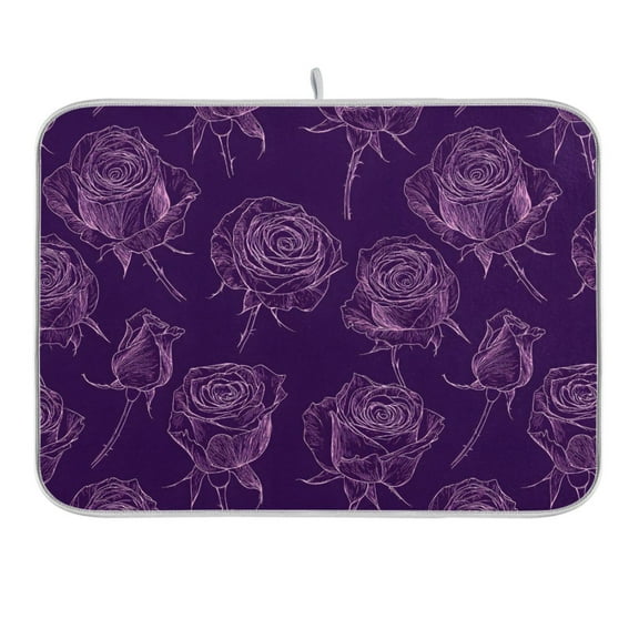 Purple Rose Line Art Dish Drying Mat 16x18 Absorbent Microfiber Draining Rack Pad for Kitchen Counter Sink