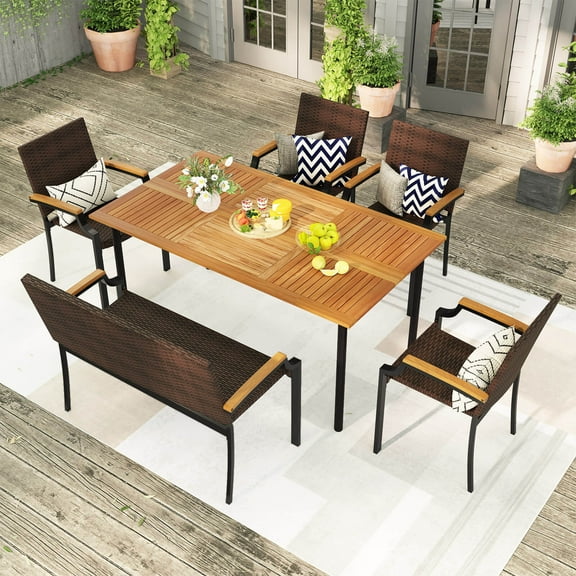 Costway 6 PCS Outdoor Dining Set with Acacia Wood Tabletop, 1.97” Umbrella Hole for Deck