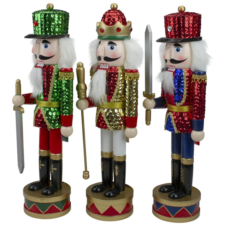 Nutcracker Factory Set of 3 Red Sequin Jacket Wooden Christmas Nutcrackers 14.25