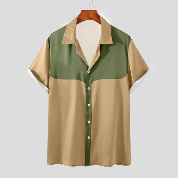 Playeras Elvqul de Caballero Cao Stretch Casual de Bloques de Color Manga Corta con Solapa Abotonada