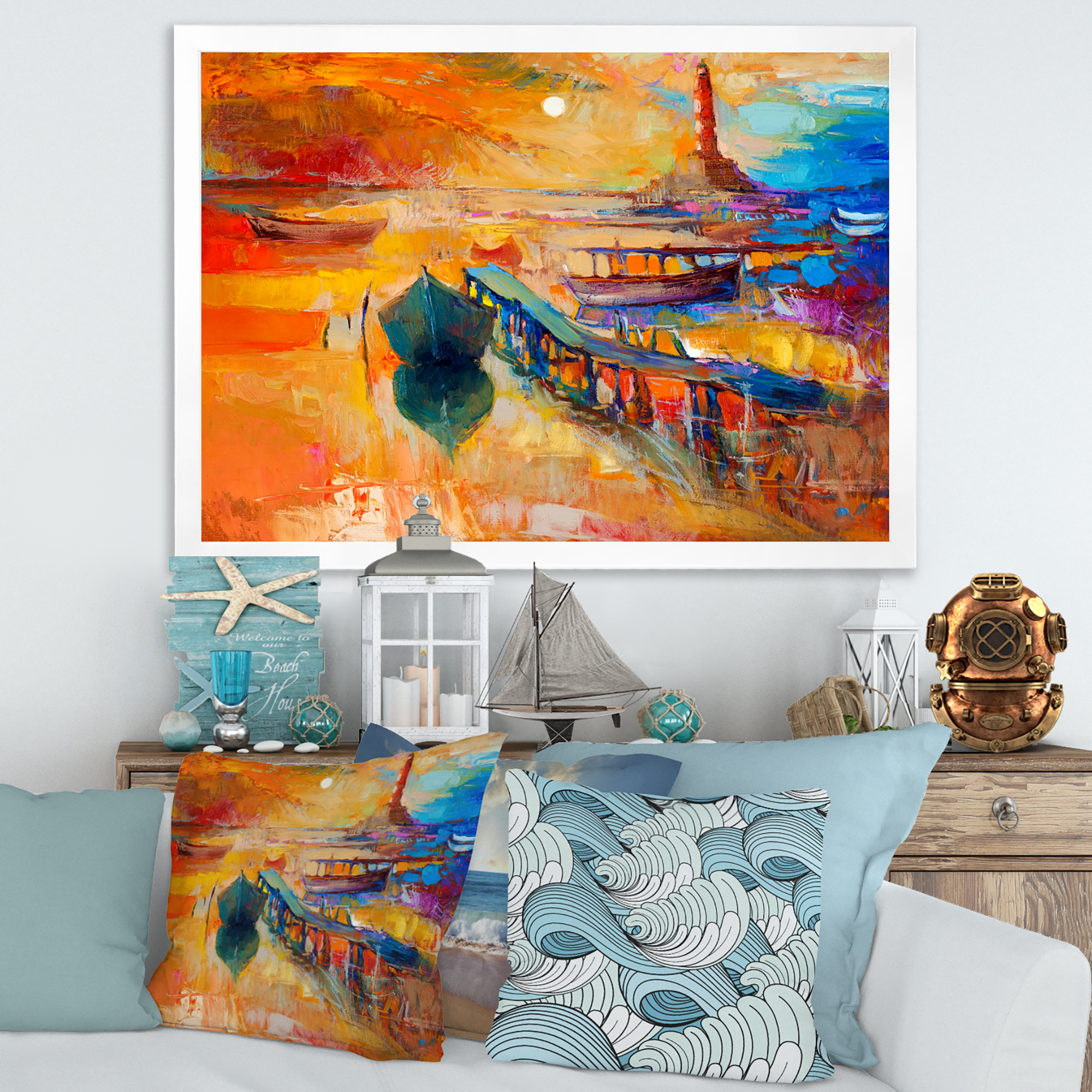 Designart 'Boats Near Coastal Town Resting On The Water III' Nautical & Coastal Framed Art Print