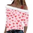 thumbnail image 2 of Uootdi Off The Shoulder Long Sleeve Shirts for Women FuzzyTrim Collar Love Heart Print Graphic Sweatshirt Casual Holiday Tops Gift, 2 of 7