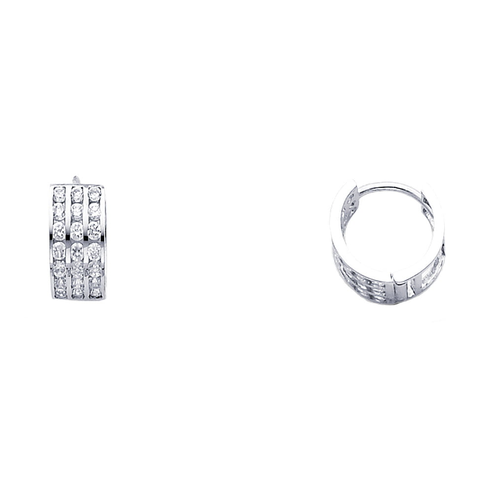 Solid 14k White Gold CZ Huggie Hoop Earrings Round CZ Pave Set Huggies Polished Finish Small 11 mm
