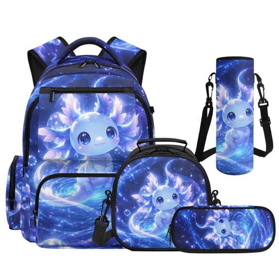 Pzuqiu Bubble Cute Axolotl School Backpack Set for Girls 4 Piece with Lunch Box,Pencil Case,Water Bottle Holder,17 Inch Large Capacity Schoolbag with Adjustable Straps for Elementary Middle School
