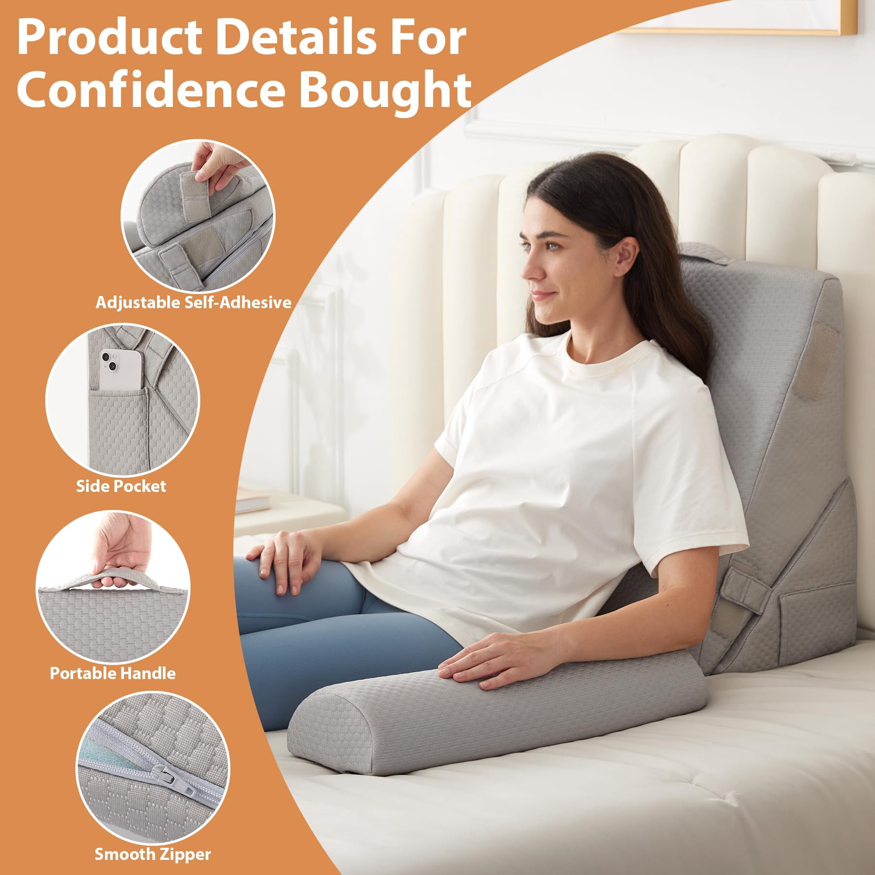 3pcs Wedge Pillow Set  Adjustable Headboard Bed Pillows For Sleeping Support Sitting Up Grey