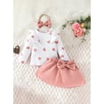 thumbnail image 4 of 3-Piece Baby Toddler Girls Skirt Clothing Set 3 6 9 12 18 24 Months Heart Print Long Sleeve Ruffled Ribbed Tops Bow Short Skirt Headband Outfits, 4 of 9