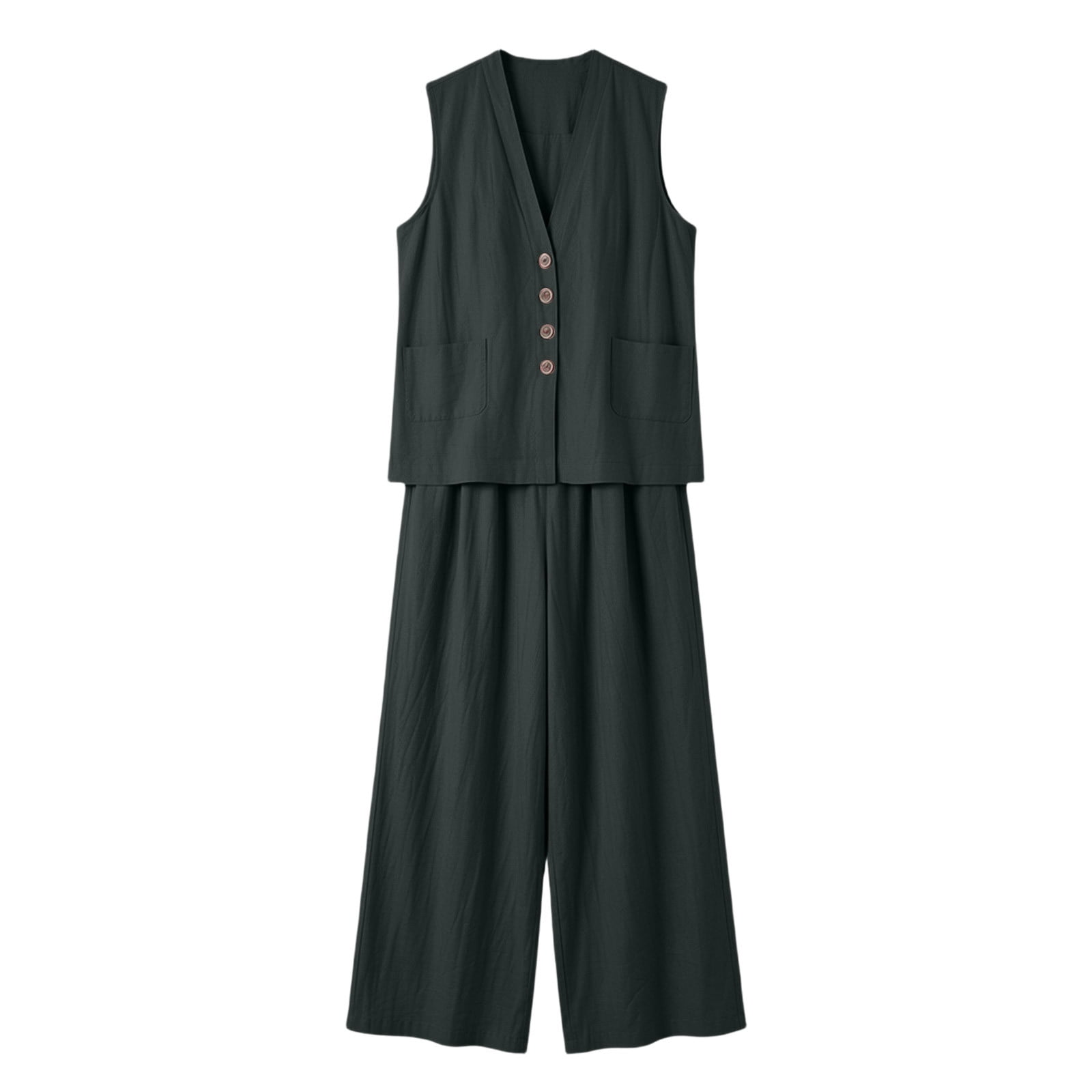 Women's Summer 2 Piece Lounge Set Dressy Sleeveless Button Down V Neck Top & Wide Leg Pants Office Travel Outfits