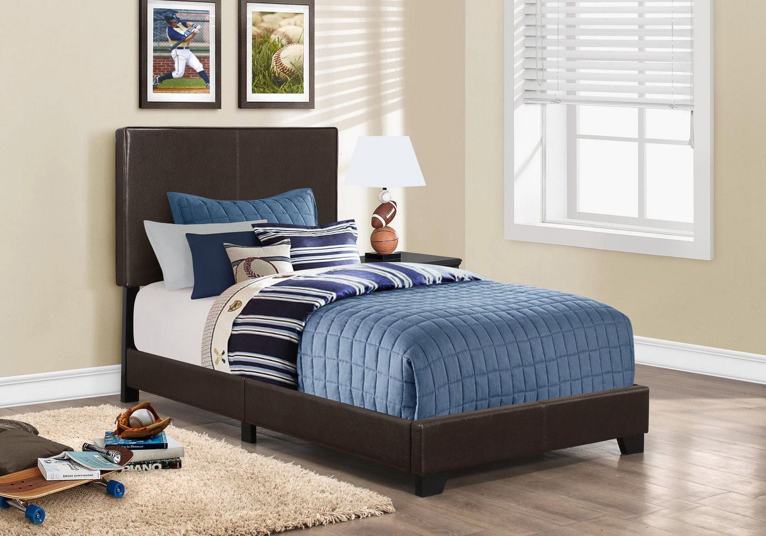 Monarch Specialties Bed, Twin Size, Platform, Bedroom, Frame, Upholstered, Pu Leather Look, Wood Legs, Brown, Transitional