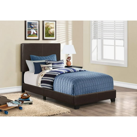 Monarch Specialties Lit, Taille Jumelle, Plate-forme, Chambre À Coucher, Cadre, Rembourré, Pu D'aspect Cuir, Pattes En Bois, Brun, Transitionnel