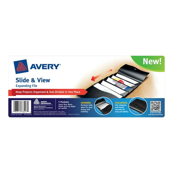"Slide And View Expanding File, 5 Sections, Letter Size, Black | Bundle of 5 Each"