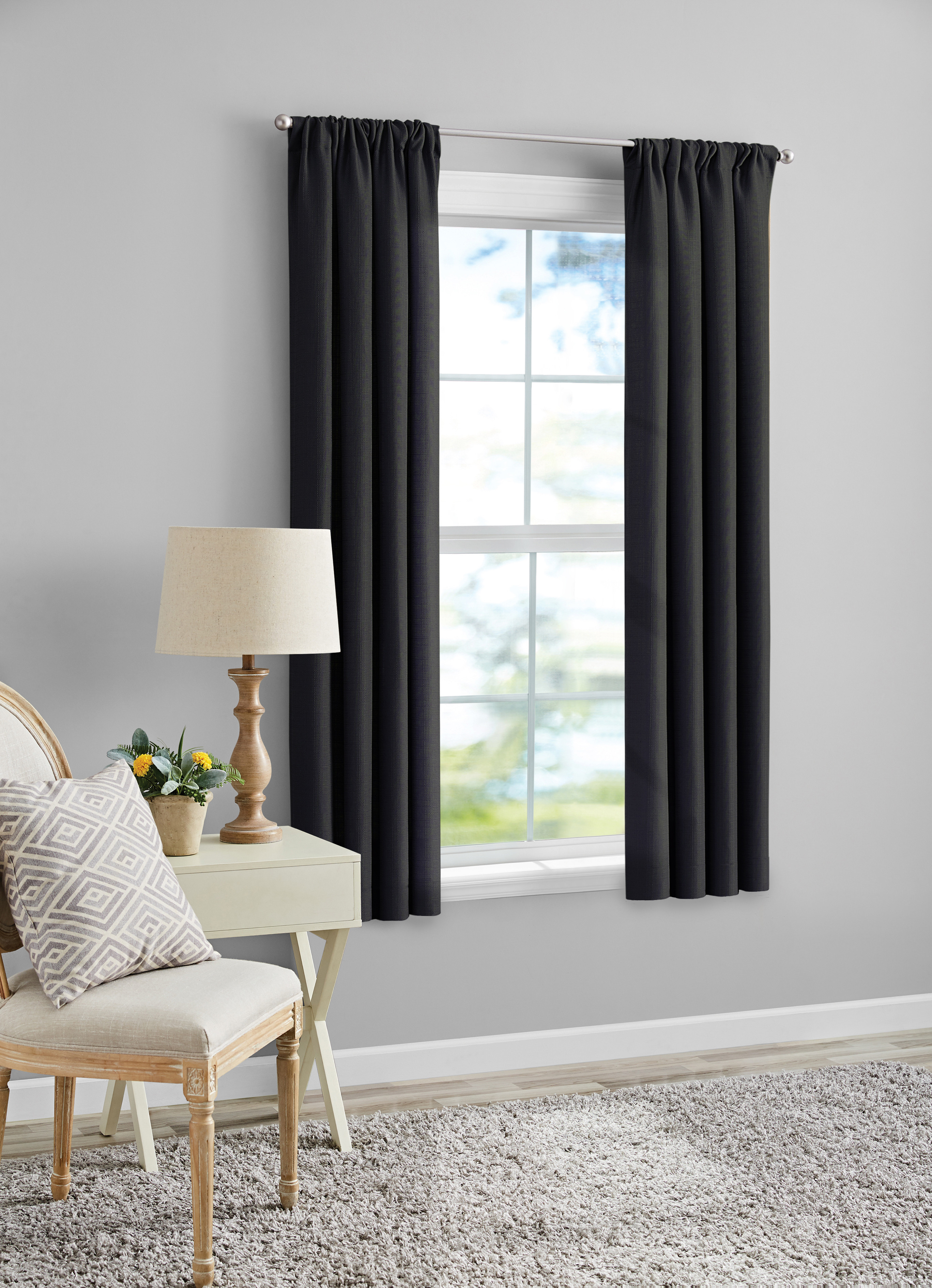 (2 pack) Mainstays Southport Light Filtering Rod Pocket Textured Curtain Panel, Set of 2, Charcoal Gray, 40” W x 63” L