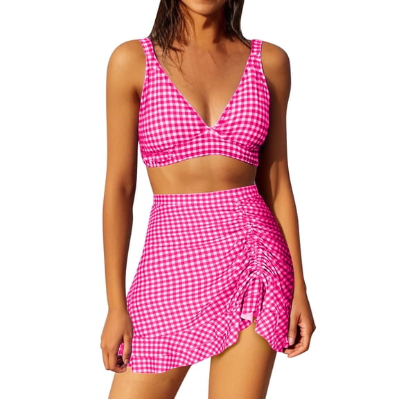 ZQUUVOU Women's Bikini Three Piece Bikini Set Bathing Suits Roudn Neck Swimsuit (Hot Pink,L)