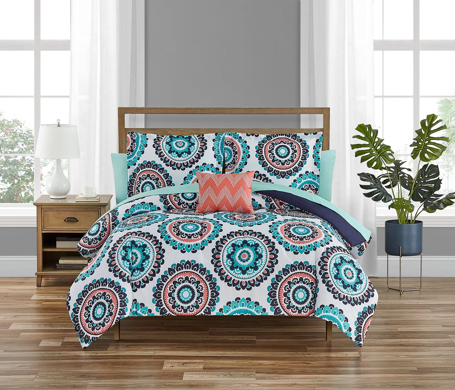 Mainstays 6-8 Piece Aqua Medallion Bed in a Bag Set, Twin ...