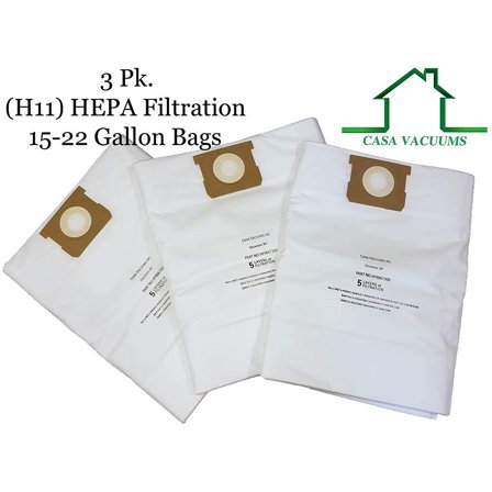 CASA VACUUMS Replacement for Shop-Vac 15-22 Gallon H11 HEPA Filtration, Compare to Part #'s 9067300 High-Efficiency - Type J - 90663 -Type G - 9066300 Disposable TEAR RESISTANT Collection Bag, 3-Pack