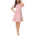 thumbnail image 2 of Unique Bargains Femmes Robe d'Été Col Carré Puff Manches Courtes Smocked Dos Volants une Ligne Casual Mini Robe Rose, 2 of 6