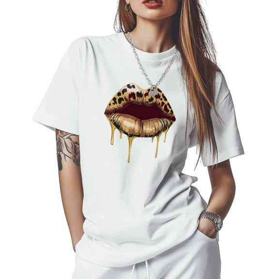 Women's T-Shirts, Valentine's Day Leopard Lips Cotton Crewneck Tee Short Sleeve Casual Tops Loose Graphic T-Shirt White, XL