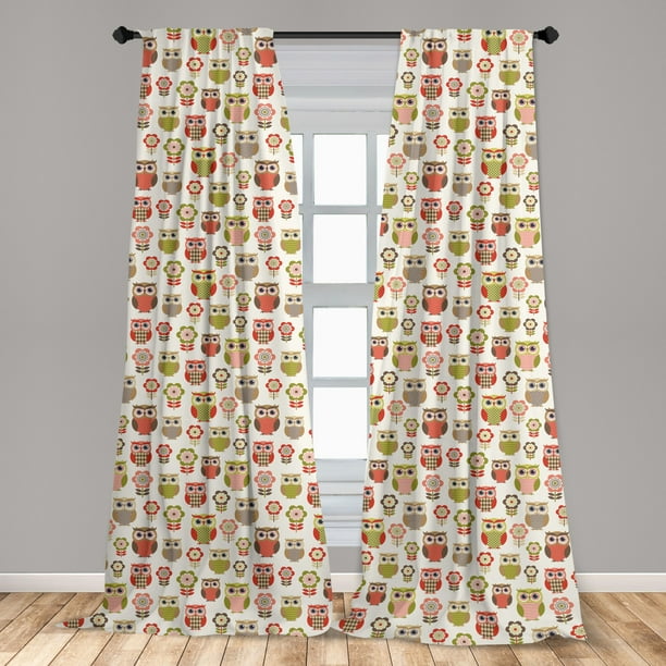 Owls Curtains 2 Panels Set, Ornate Owl Birds with Different Retro Style
