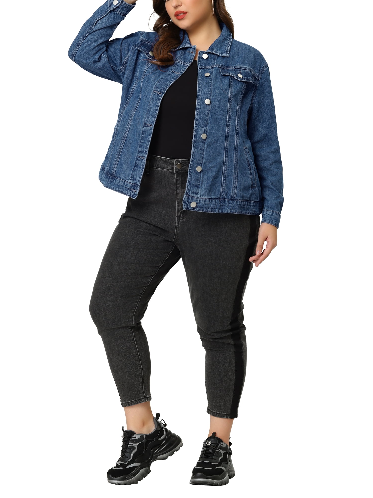 Unique Bargains Women's Plus Size Long Sleeve Button Front Washed Denim Jacket