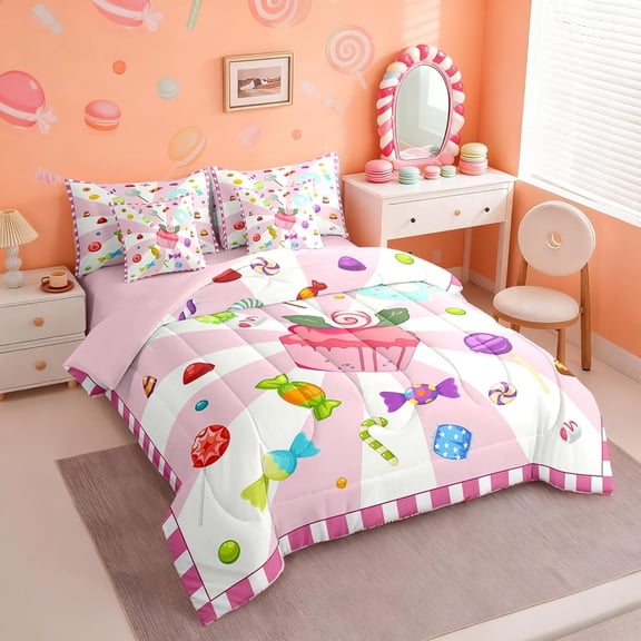 Girls Cupcake Comforter Set Twin Size 7 Pieces Watercolor Candy Donut Kids Bedding Bed in a Bag Pink White