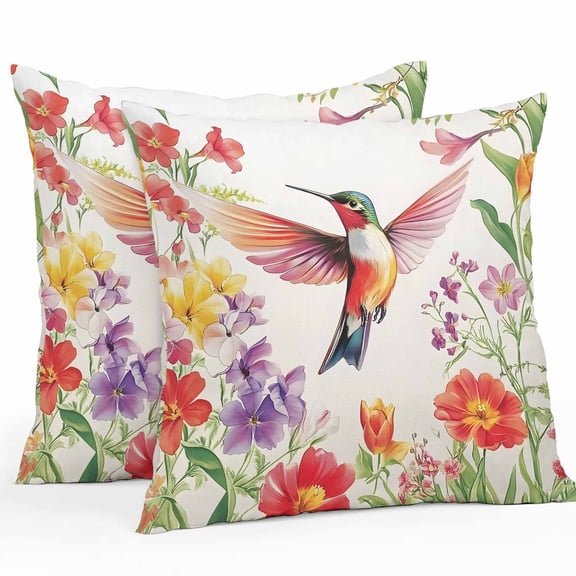 Outdoor Pillow Cover Hummingbird Set of 2 Waterproof Throw Pillowcases Brid Spring Floral Decorative Patio Furniture Pillows for Couch Garden Indoor & Outdoor Use