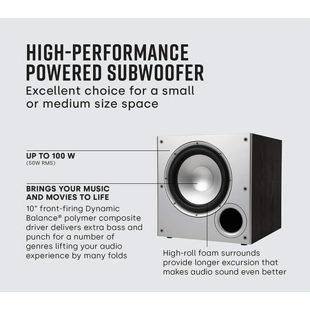 Polk Audio - PSW10 10" Powered Subwoofer, 100W Peak Power, Compact Design, Easy Setup with Home Theater Systems - Black