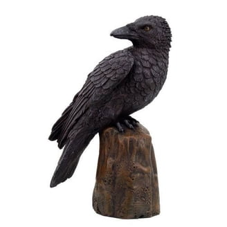 Large Black Raven Bird Statue On Tree Stump - 14.5" Tall Figurine For Home Decor