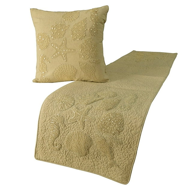 King Queen Twin Beige Handmade Twin 53"x18" Bed Runner With Pillow Cover, Pearl Embroidery Bed Scarf on Linen fabric - Off To The Sea