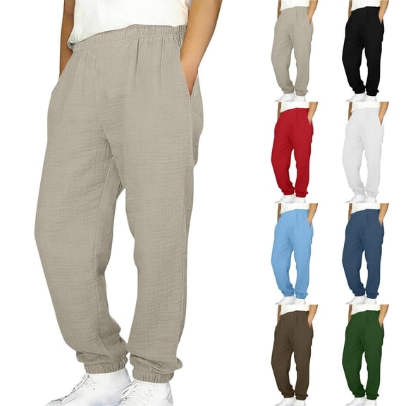 Tranfacy Summer Long Pants Little Boys Solid Bubble‑wrinkle Jogger Sport Trousers with Elastic Waist and Side Pockets for 4‑15 Years
