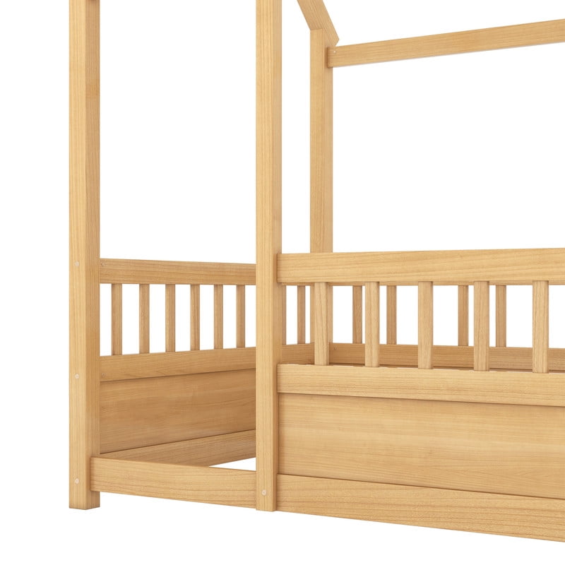 Bellemave Twin Size Montessori Bed, Wood Twin House Beds with Fence, Floor Bed with Roof for Bedroom Playroom（Natural）